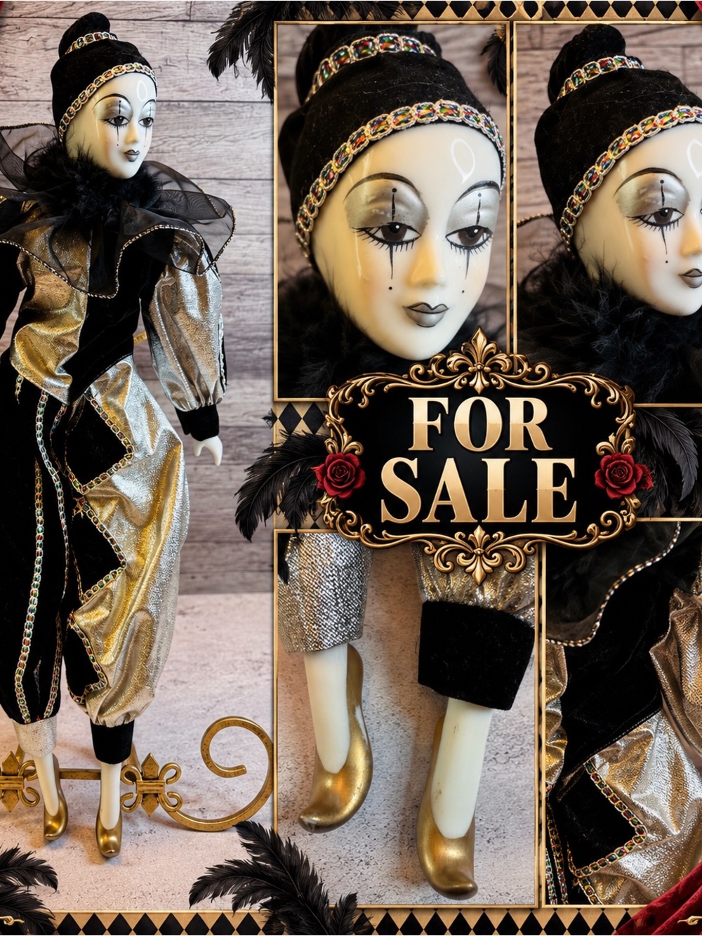 🖤 Vintage Pierrot Harlequin Porcelain Doll — Black, Silver & Gold